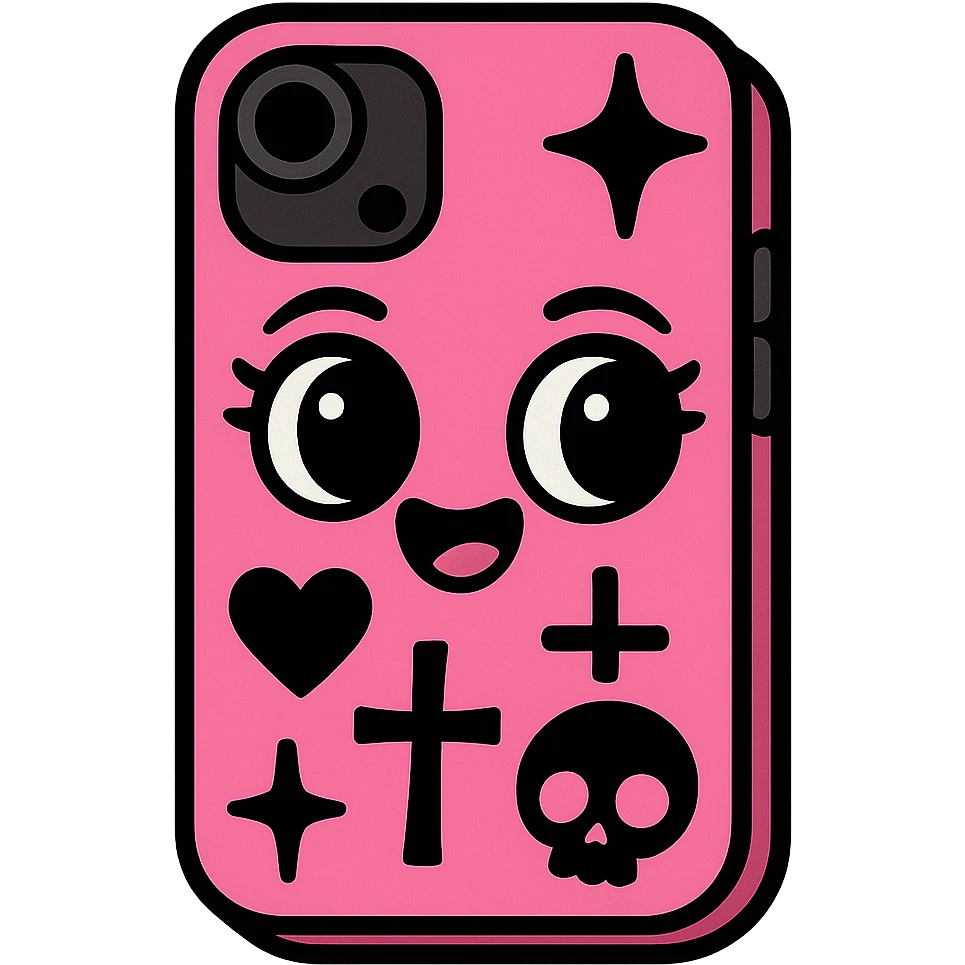 pink and black gothic phone case, big eyes, smiling, playful, cartoonish, gothic symbols emoji