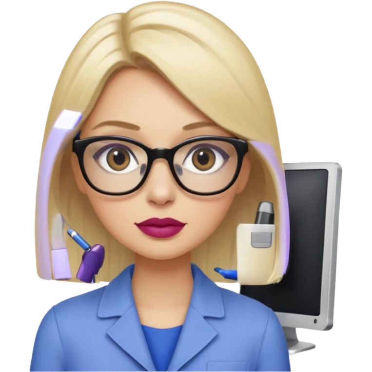 donna bella, occhi azzurri con occhiali, capelli medi, lisci e biondi, lavora al pc. Labbra color malva chiaro emoji