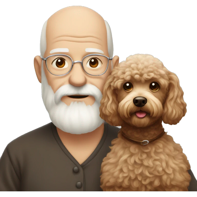 Old man with a white beard and nearly bald holding a brown miniature poodle emoji