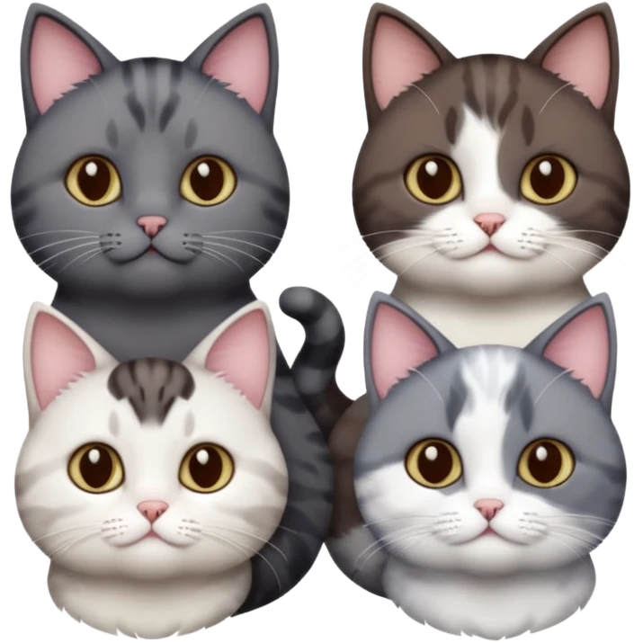 4 different coloured short haired cats including; a dark brown and white cat, and a dark grey and white  emoji