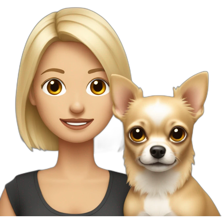 mujer rubia de pelo corto con su perro Chihuahua en los brazos emoji