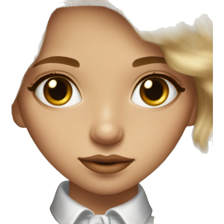 dirty blonde girl, with honey brown eyes, cute, soft, lucious hair, light skin, very beautiful, elegant, with makeup,  emoji