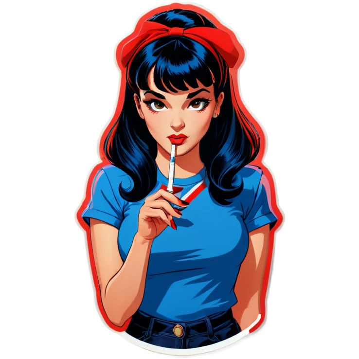 Sexy young pinup woman lighting up a cigarette she has long dark blue black hair with front bangs and she’s wearing a red t shirt  emoji