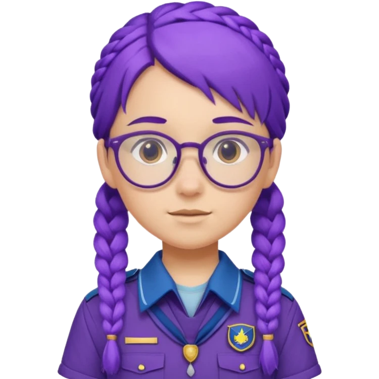 blue uniform wearing scout kid with braids and glassess with hat purple haired emoji