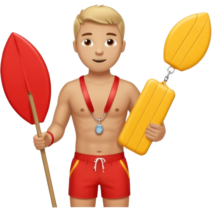 Male lifeguard – red shorts, whistle around neck, holding rescue float. emoji