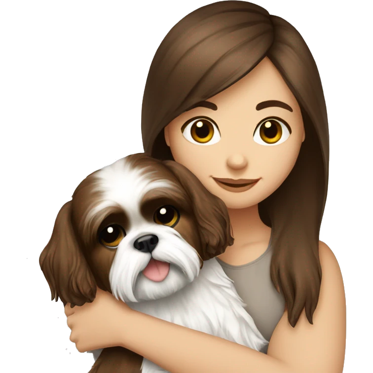 Brunette girl with brown long hair, hugging her Shih tzu white emoji