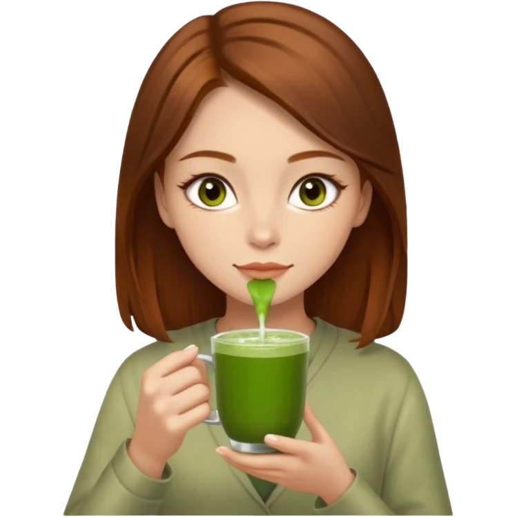 beautiful brunette with a slightly auburn hair color, with dark hazel eyes (let's call her kami), sipping matcha emoji