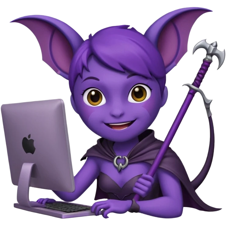 a happy purple girlie bat holding a scythe while sitting in front of her computer emoji