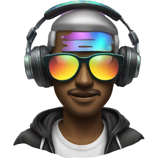 A dj wearing sunglasses playing music, record, vinyl, oilslick holographic emoji