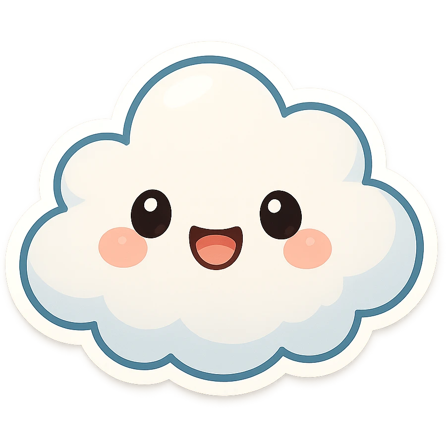chibi sticker-style cloud with a smiling face, cute and exaggerated emoji