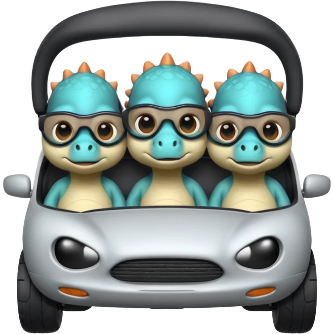 Tres dinosaurios bebés grises subidos en un carro tecnológico blanco con lentes de realidad virtual emoji