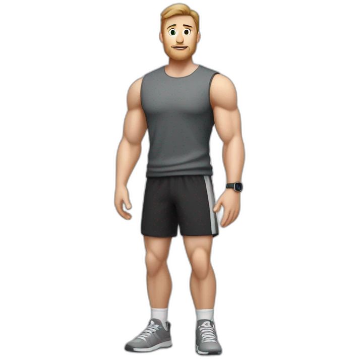 Full height Actively gesturing with hands Pale skinned Fit Man With the biceps and brown hair in dark gray Sleeveless Mike, black oversize sports shorts, watch and white Sneakers emoji
