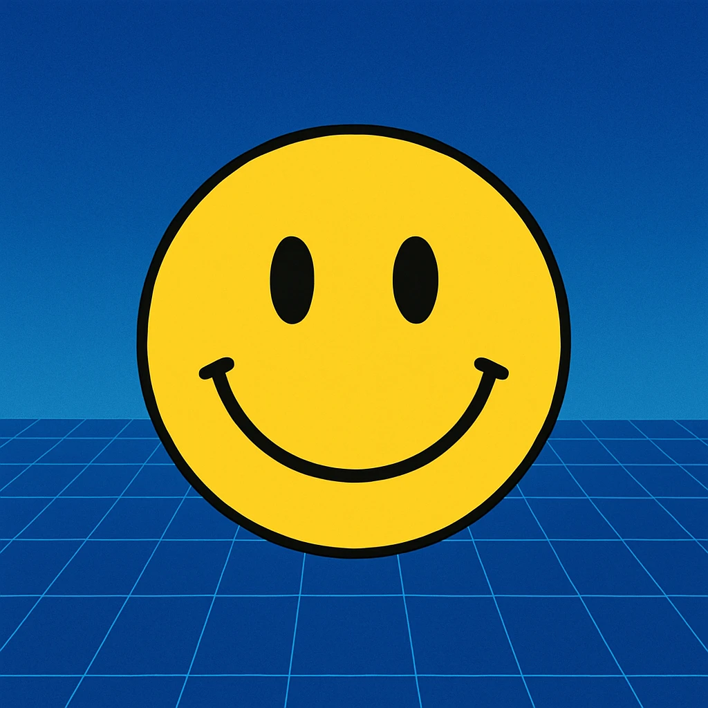 Frame 6: Background is more blue than gradient, grid lines about halfway drawn, smiley face unchanged emoji