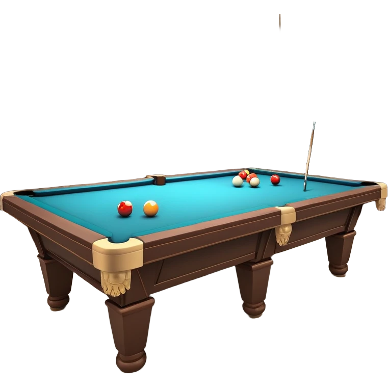 A well-arranged pool table with colorful billiard balls neatly placed, and a cue stick poised to take a shot. The setting is a dimly lit room with a focused atmosphere, highlighting the precision and strategy involved in the game of billiards. emoji