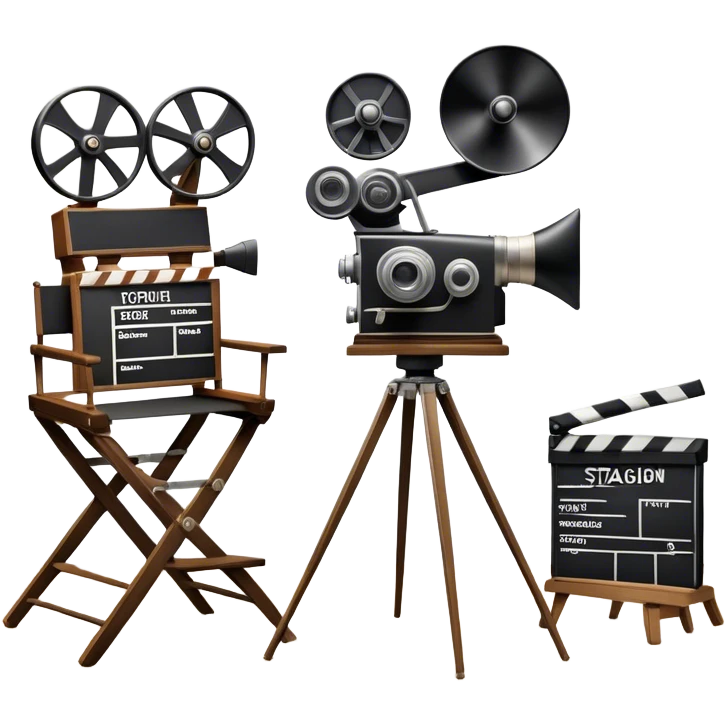 Icon for Directing: a director's chair, a film clapperboard, large movie camera, vintage megaphone and a stage with a spotlight. The icon should represent the creative and organizational aspects of directing, with focus on storytelling, staging, and performance. Transparent background. emoji