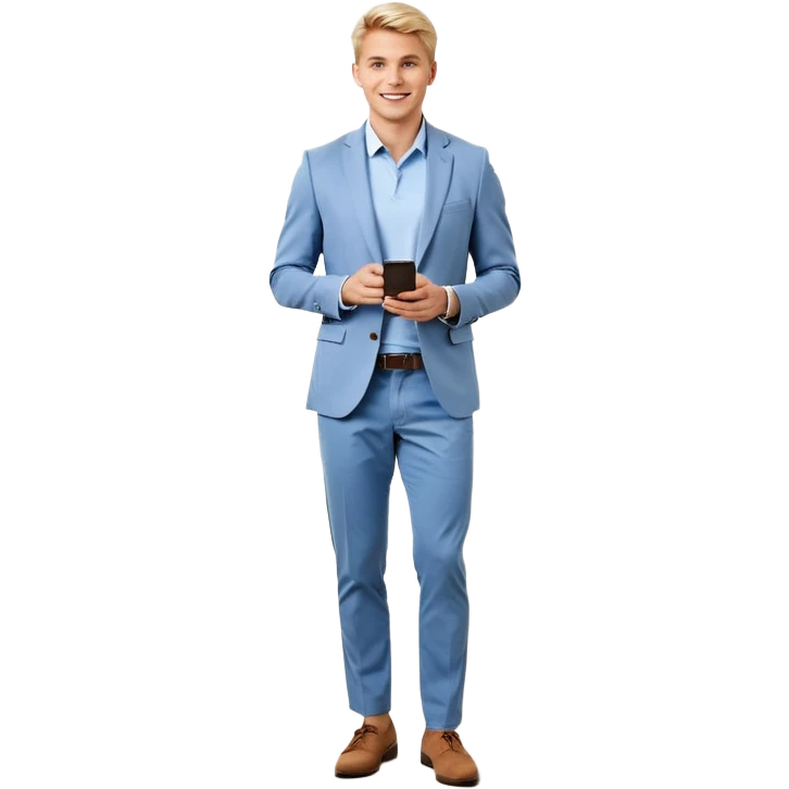 Confident and outgoing male entrepreneur, Caucasian features, short blonde hair, big friendly smile, expressive eyes, wearing a blue blazer over a light blue shirt, dark trousers and brown shoes, holding a smartphone in one hand and a coffee cup in the other, standing pose, full-body, front-facing emoji