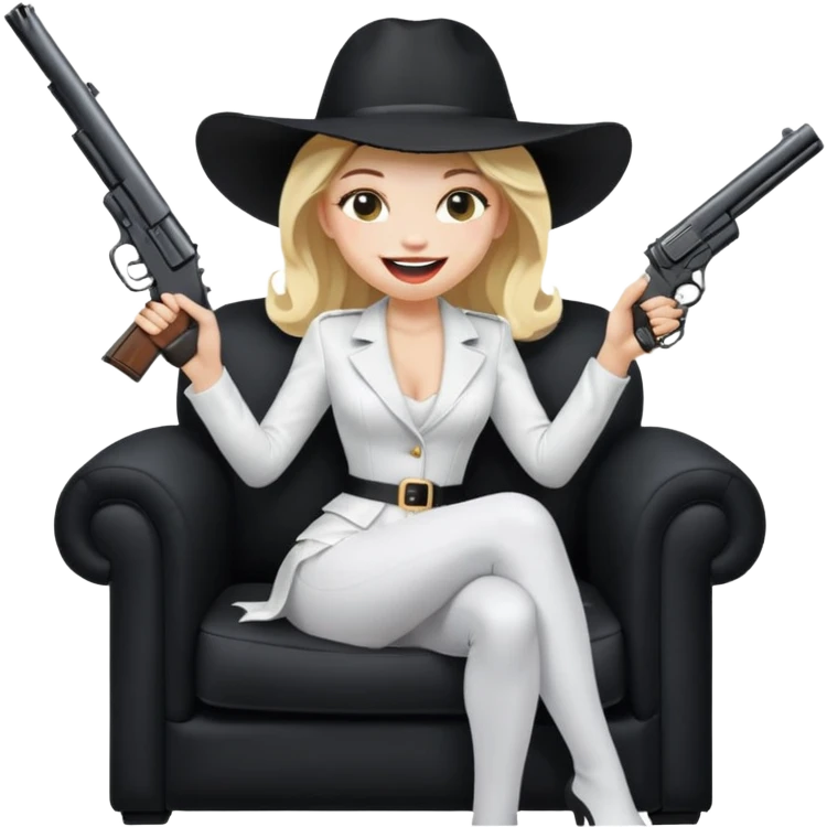 Mafia blondes Laughter woman in hat , gun ,black armchair , white costume  emoji