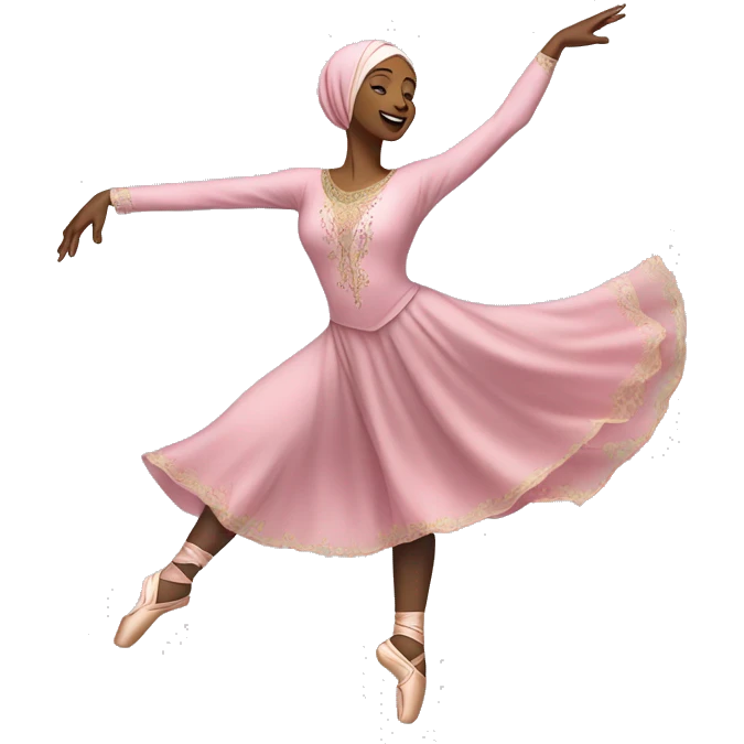 A hijabi ballet dancer emoji, mid-pose in an arabesque, wearing a flowing ballet dress and matching hijab, with delicate ballet slippers, vibrant colors, and intricate details on a transparent background.







 emoji