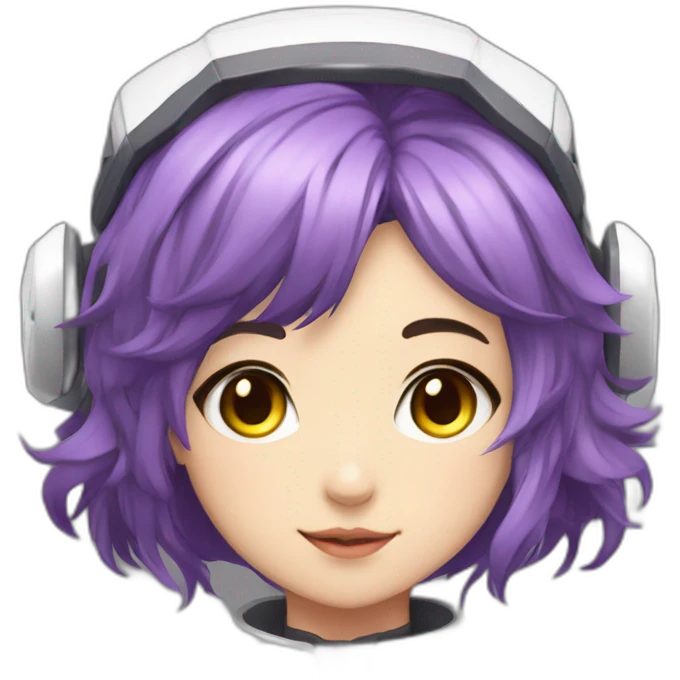 Anime mech pilot girl with short purple hair gray eyes white pilot suit and cat ears emoji