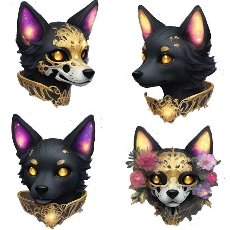 Black iridescent dog fox zombie skeleton gold mechanical nebula galaxy stars flowers fairy lights vintage emoji