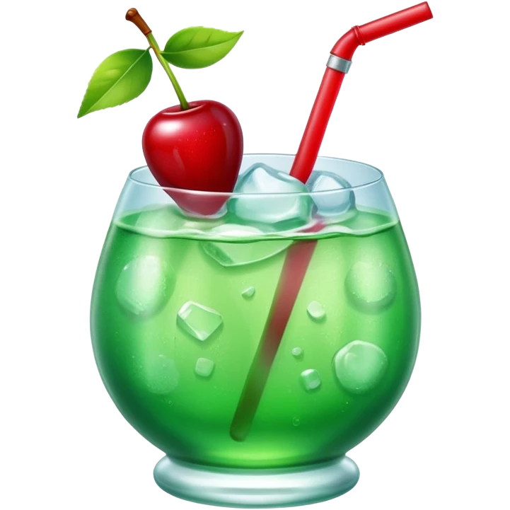 Create an emoji with a very clear rounded glass and ice, bright transparent green soda , a smooth vanilla scoop circle shape, a glossy red cherry, using vibrant colors, soft shading, and clear glass highlights.
 emoji