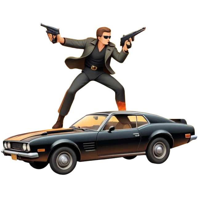 Icon for Action Movie: A vintage movie poster-style design featuring intense action scenes—explosions, gunfire, and dramatic stunts. Include a hero in a dynamic pose with weapons, a car chase, and a fiery background. Retro cinematic feel with bold typography. Transparent background. emoji