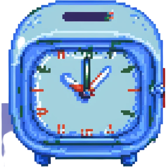 light blue alarm clock, pixel art, retro and cute emoji