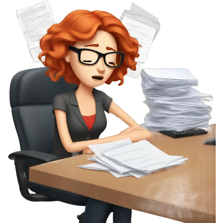 red hair woman wearing glasses sleeping frustrated desk monitor stack paper emoji