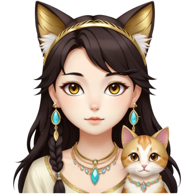 Beautiful gorgeous anime cat-lady with beautiful dark-brown-special-hair, fashion aesthetic, ethereal, feather, accessories, gold jewelries, gold, colorful, feline ears,  emoji