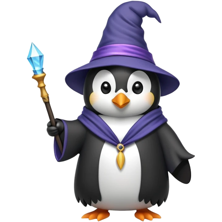 Penguin wearing a wizard hat and robe, holding a magic wand emoji
