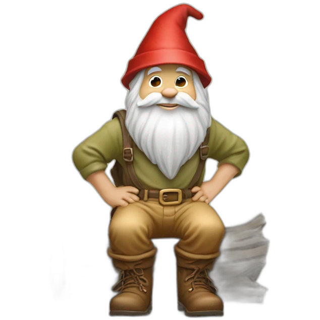 side view of gnome with light tan pants and light tan boots squatting in front of small brown log emoji