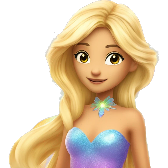 Stella adult latina fairy of nature in her enchantix fairy orange clothing and fairy enchantix wings and long blonde hair from winx club. Small eyes, Lots of sparkles and fairydust. Full body and full fairy bliss emoji