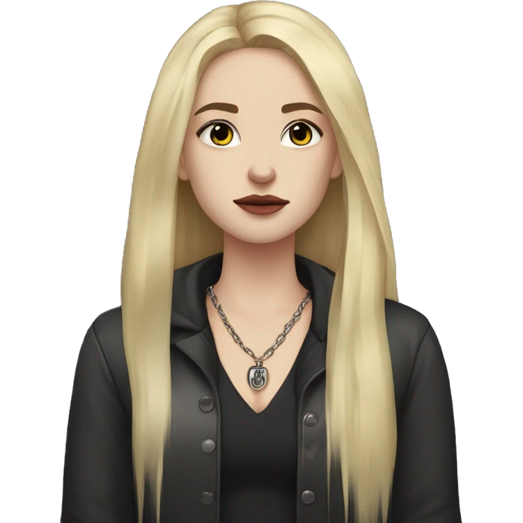 Pale-skinned person with long wet blonde hair, black streaked eye makeup, sharp features, and a melancholic, mysterious look. Dark clothing, deep neckline, and a pendant necklace. emoji