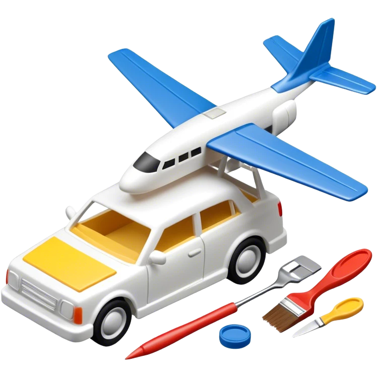 model-building tools like glue, paint, small paintbrushes, and pieces of a plastic model car or airplane in the process of being assembled. The design includes detailed textures of the model pieces and tools, capturing the focus and creativity of model building. Transparent background. emoji