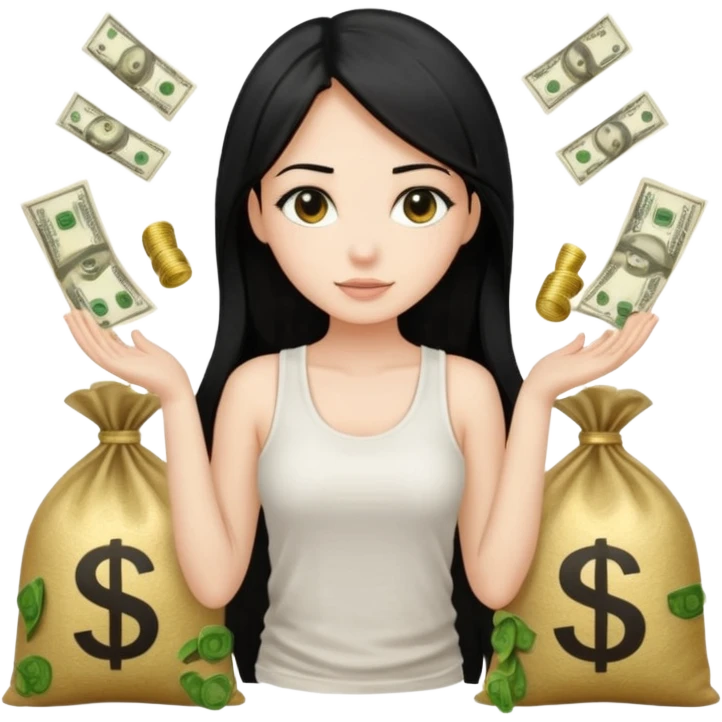 a pretty bratz fair girl with long straight black hair  with a white tank top surrounded by money bags emoji