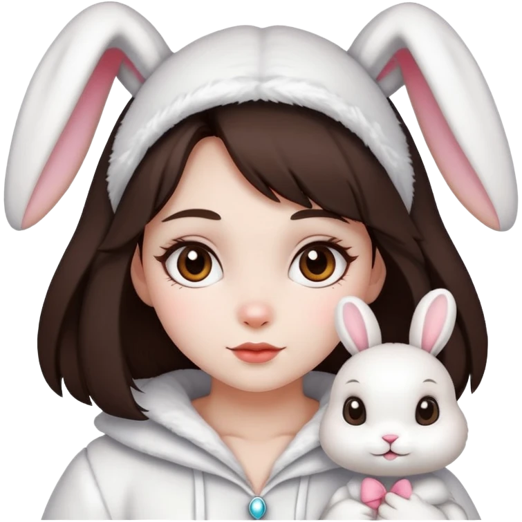 a girl with dark brown hair and white skin, varrying white cute rabbit emoji