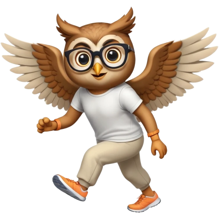 friendly anthropomorphised owl with wings instead of arms, in pants and a shirt, wearing glasses, jogging upright, standard pose emoji