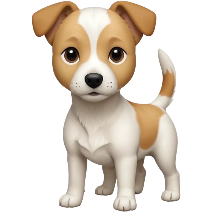 a full body facing front on of a buff white beagle cross jack russell terrier looking dog the size of a kelpie with light brown long ears resting on its face and a light brown patch above one eye and a large snout. the rest of the dog is completely white.  emoji