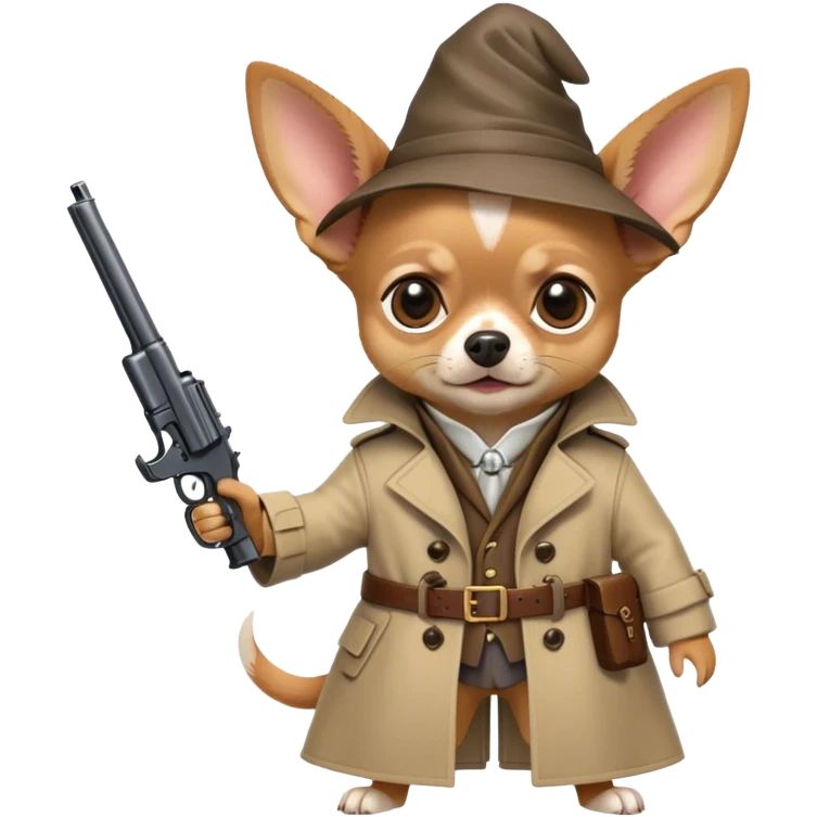 Wizard chihuahua with a trench coat and a gun emoji