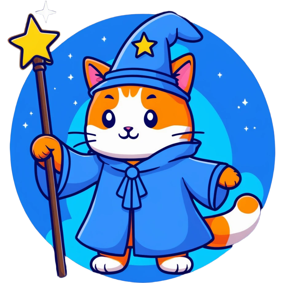 Mystical cat wizard with starry blue robes and glowing magic staff emoji