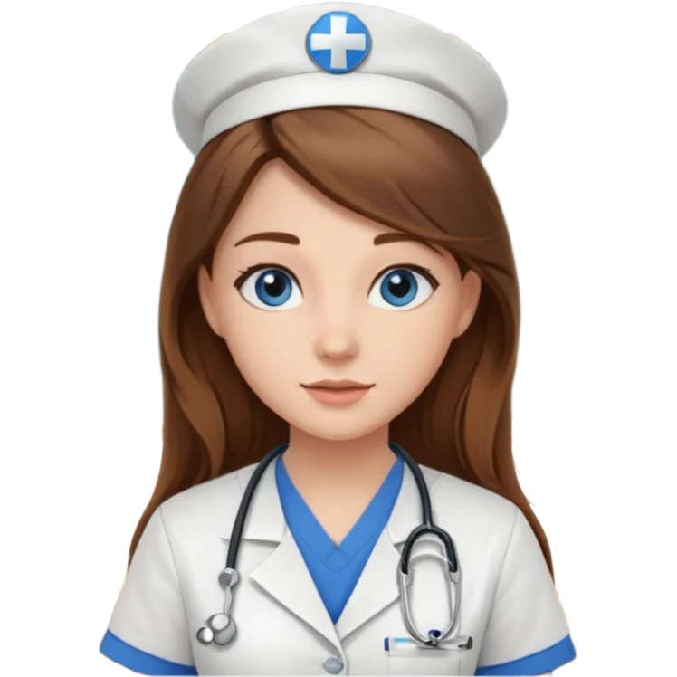 inside a classroom at university that says nursing school on the board with a pretty female nursing student with long brown hair, blue eyes emoji
