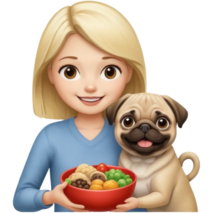 haz una chica rubia dandole comida a su perro pug emoji