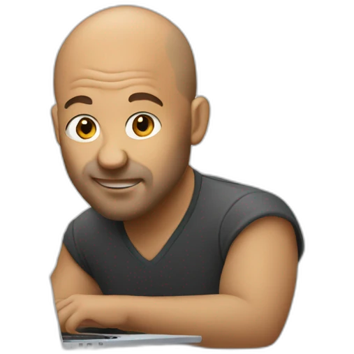wild haired balding artist behind a macbook emoji