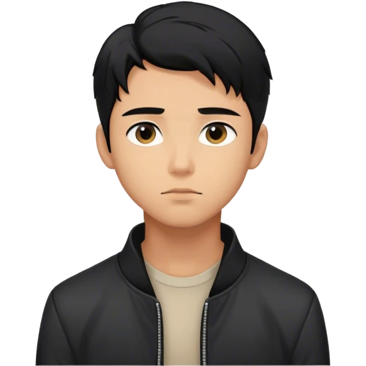 Create an emoji representation of a young man with a calm, introspective expression, wearing a black jacket, with soft lighting and a slightly dreamy, low-key aesthetic." with black ha emoji