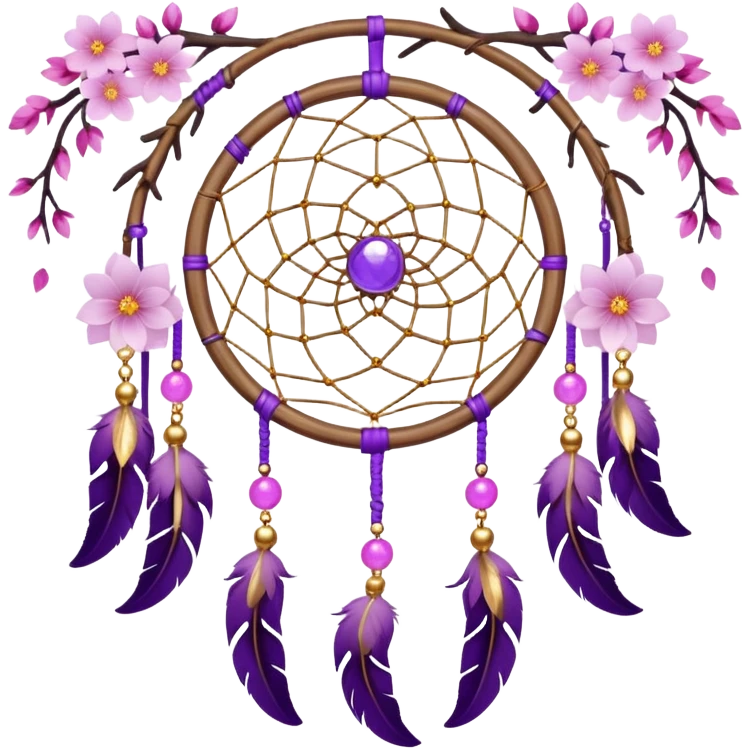 A white-wooden-circle-framed Dreamcatcher. with purple-round-orbs, gold-rings hanging down. purple flowers, pink sakura flowers, emoji