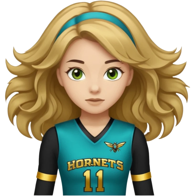 Im white  I have greenish blue hazel eyes I have light brown long hair and my cheer uniform is black and gold and says hornets emoji