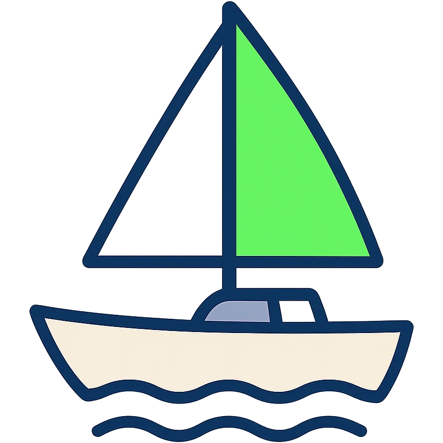 a sail boat with a bright green #00ff00 sail, flat vector style emoji