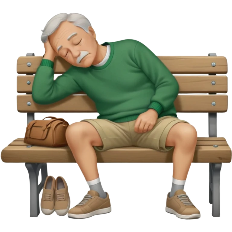 Old Man sleeping sideways on bench in green sweater, light brown shorts, and grey shoes emoji