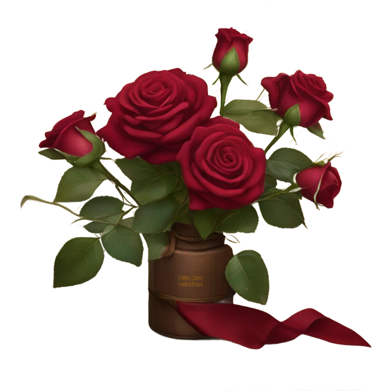 A crimson bouquet of roses with a silk ribbon and an old handwritten diary emoji