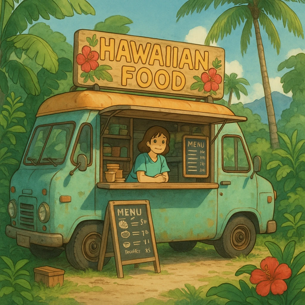 ghibli style Hawaiian food truck with lush greenery and island vibe emoji
